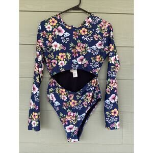 Ocean Pacific OP Navy Blue Tropical Floral Flower Cutout Swimsuit Bathing Suit L